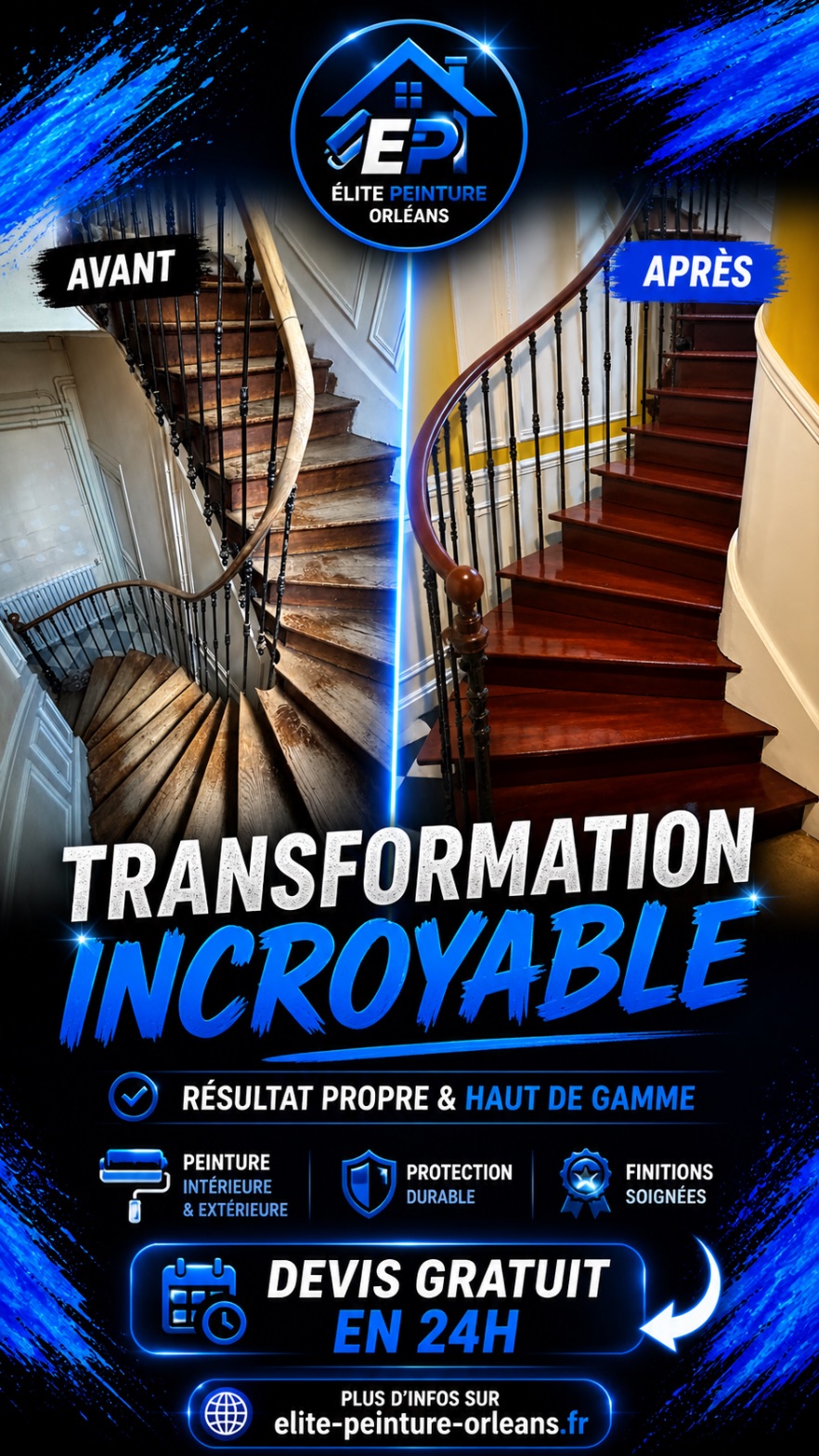 Escalier en bois rénové à Orléans.